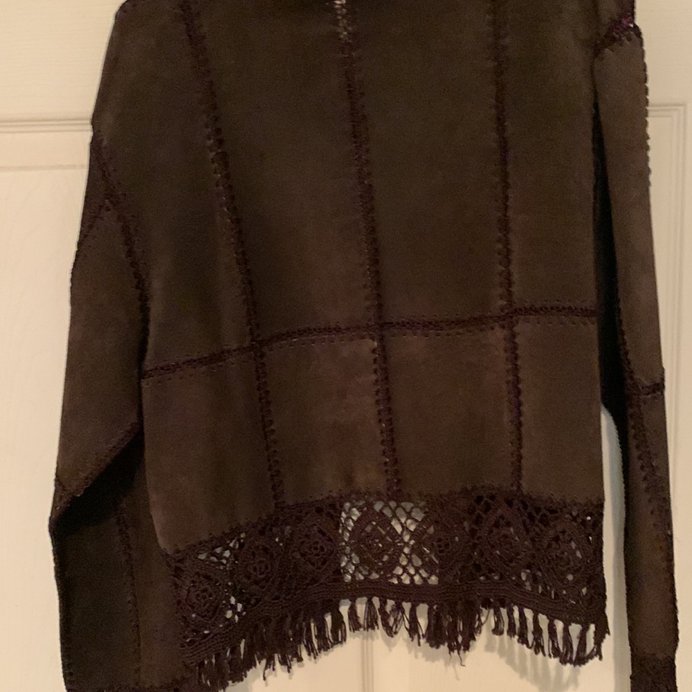 Brown Suede Leather Jacket With Crochet Bottom And Fringe Stitched Squares Med - Picture 7 of 12